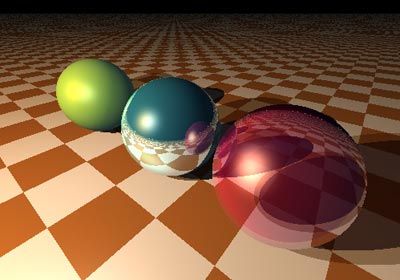 Raytrace render of 3 spheres: opaque, reflective and translucent