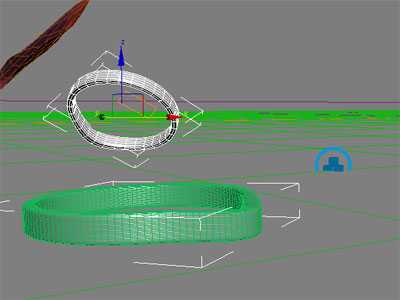 The state of the ring after bouncing off the ground. The blue icon represents the rigid body collection in 3dsmax.