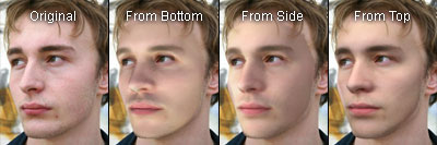 Results of relighting a 2D image of a slightly rotated male face 